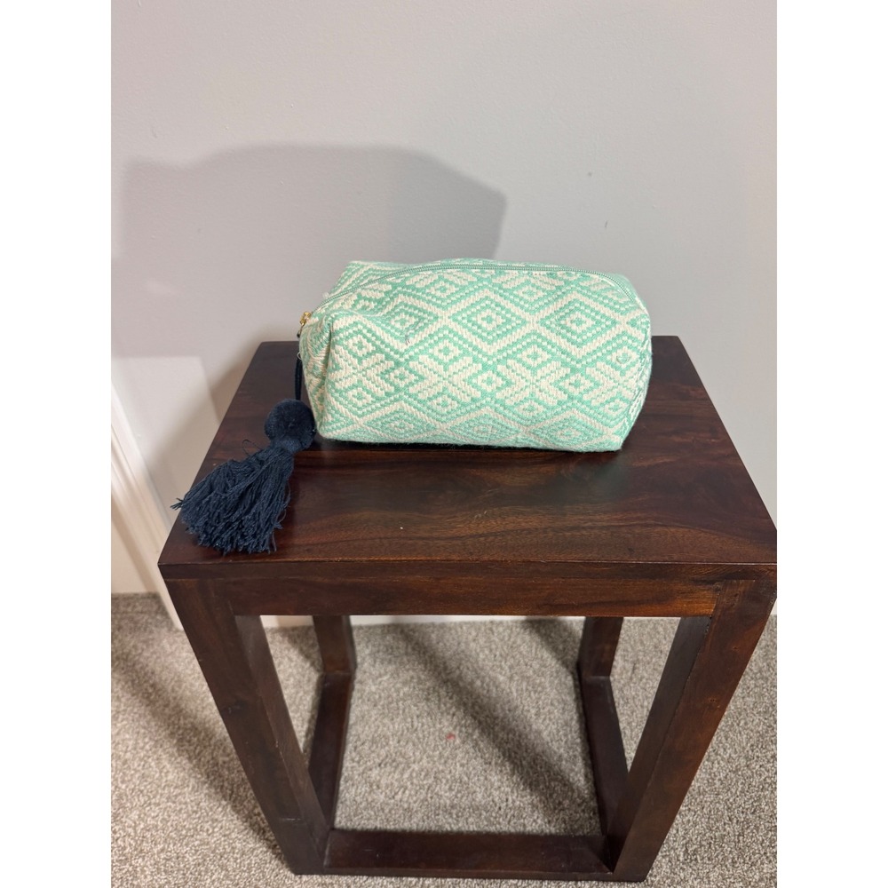 Mud Pie Mint Green Geometric Woven Cosmetic Bag Tassel Zipper Pouch Travel Case